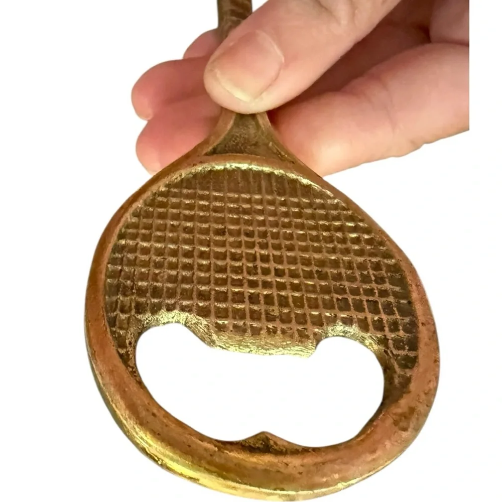 VTG MCM Gold Tennis Racket Bottle Opener brass heavy duty bartender gift